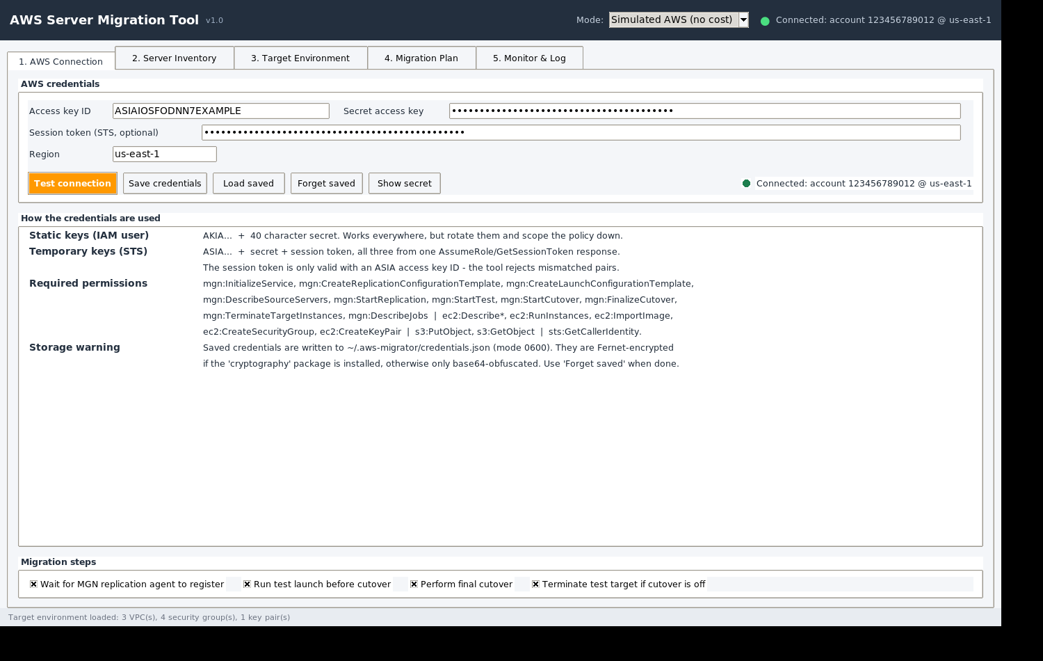 AWS connection settings