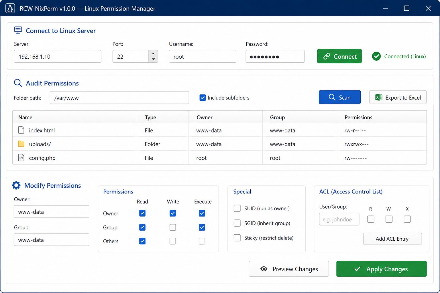 RCW-NixPerm GUI showing permission management with checkboxes, file table, and visual controls